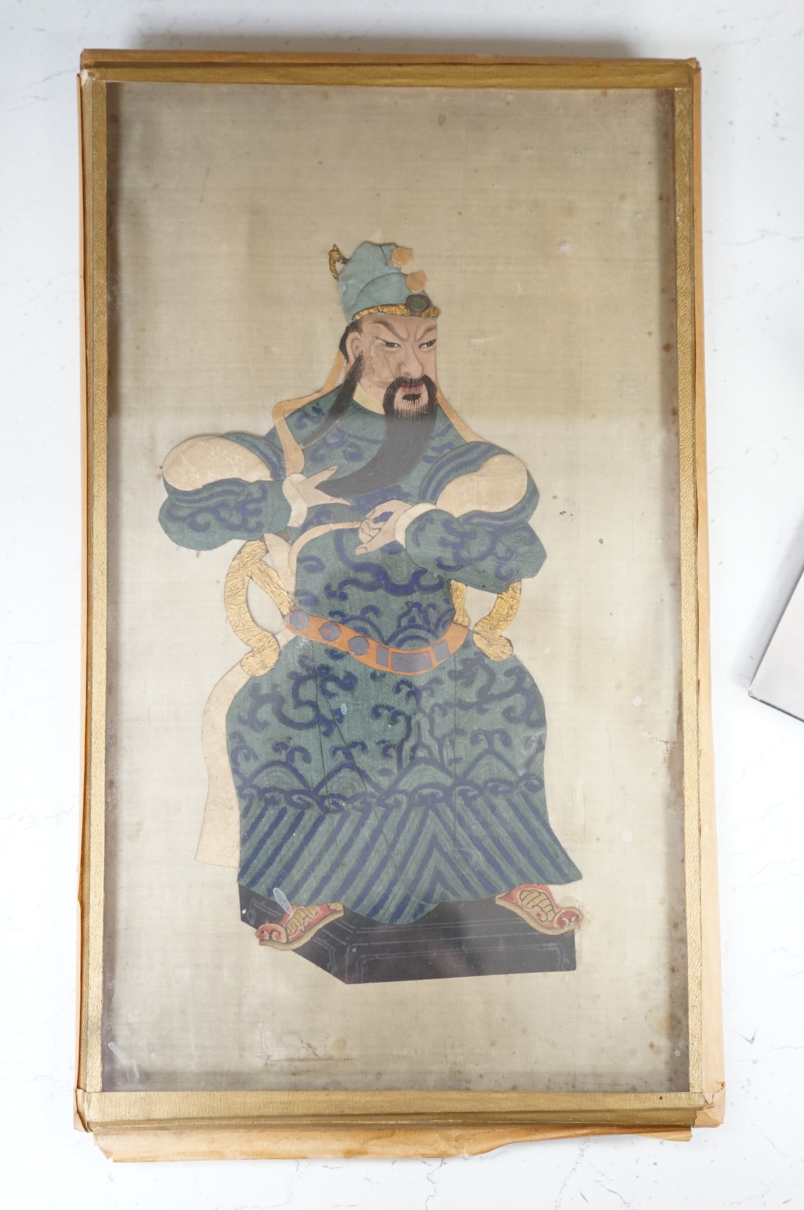 A pair of Chinese painted silk couch work Peking opera figures, early 20th century, framed, 38cm high